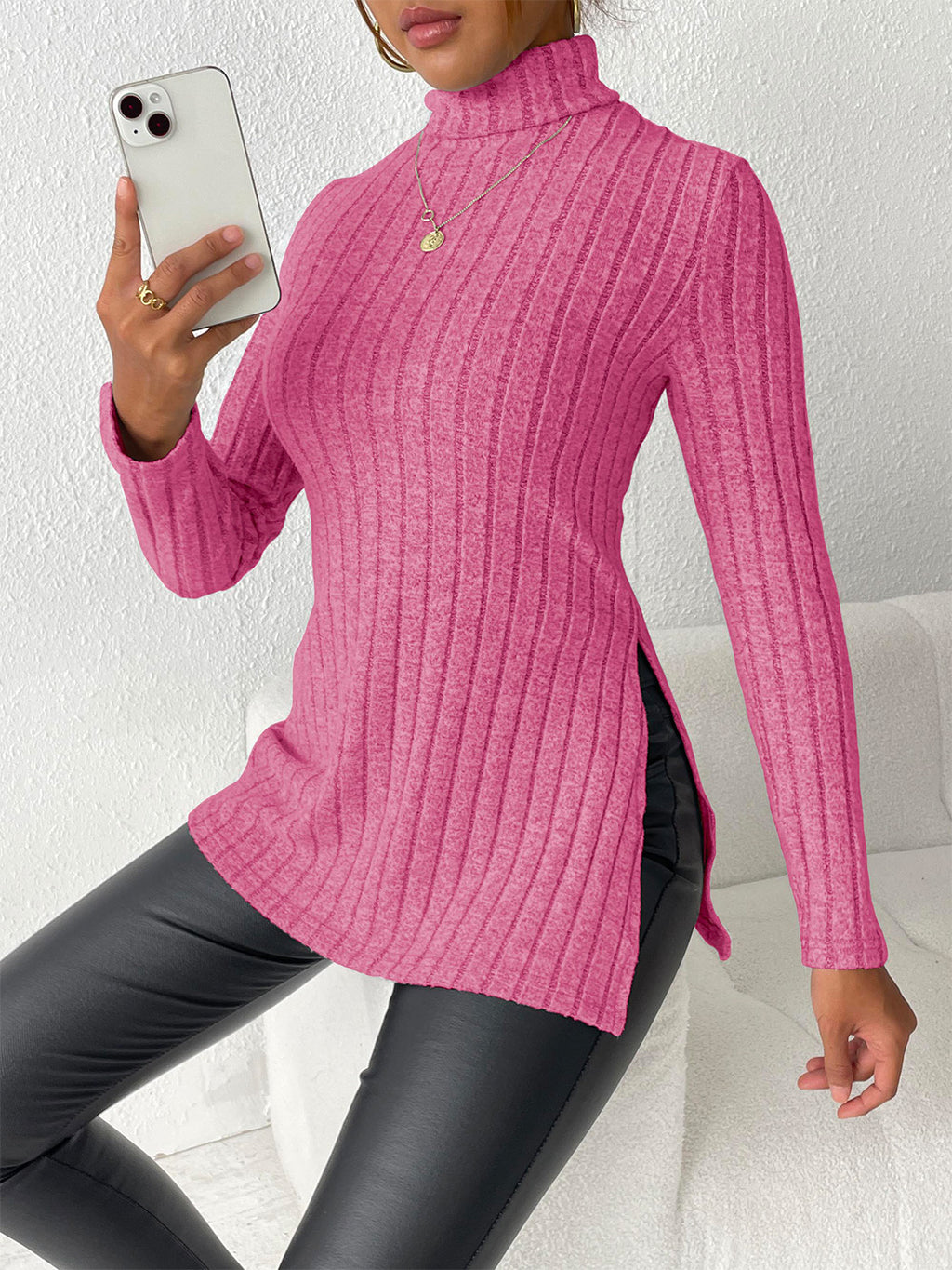 Ribbed Turtleneck Long Sleeve Slit T-shirt (7)