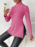 Ribbed Turtleneck Long Sleeve Slit T-shirt (7)