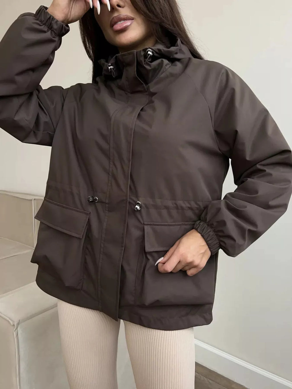 Drawstring Waist Hooded Windbreaker Outerwear (5)