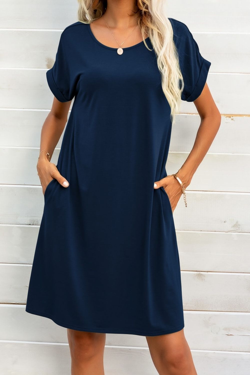 Scoop Neck Short Sleeve Pocket Dress (11)