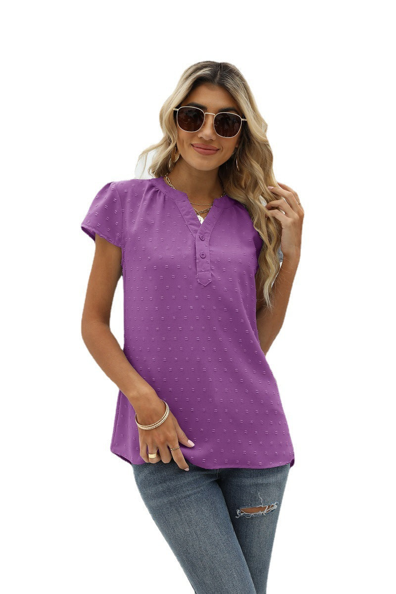 Swiss Dot Notched Neck Short Sleeve Top (25)