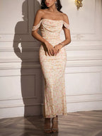 Off-shoulder Ruched Floral Mermaid Dress (6)