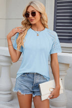 Openwork Round Neck Short Sleeve T-shirt (29)