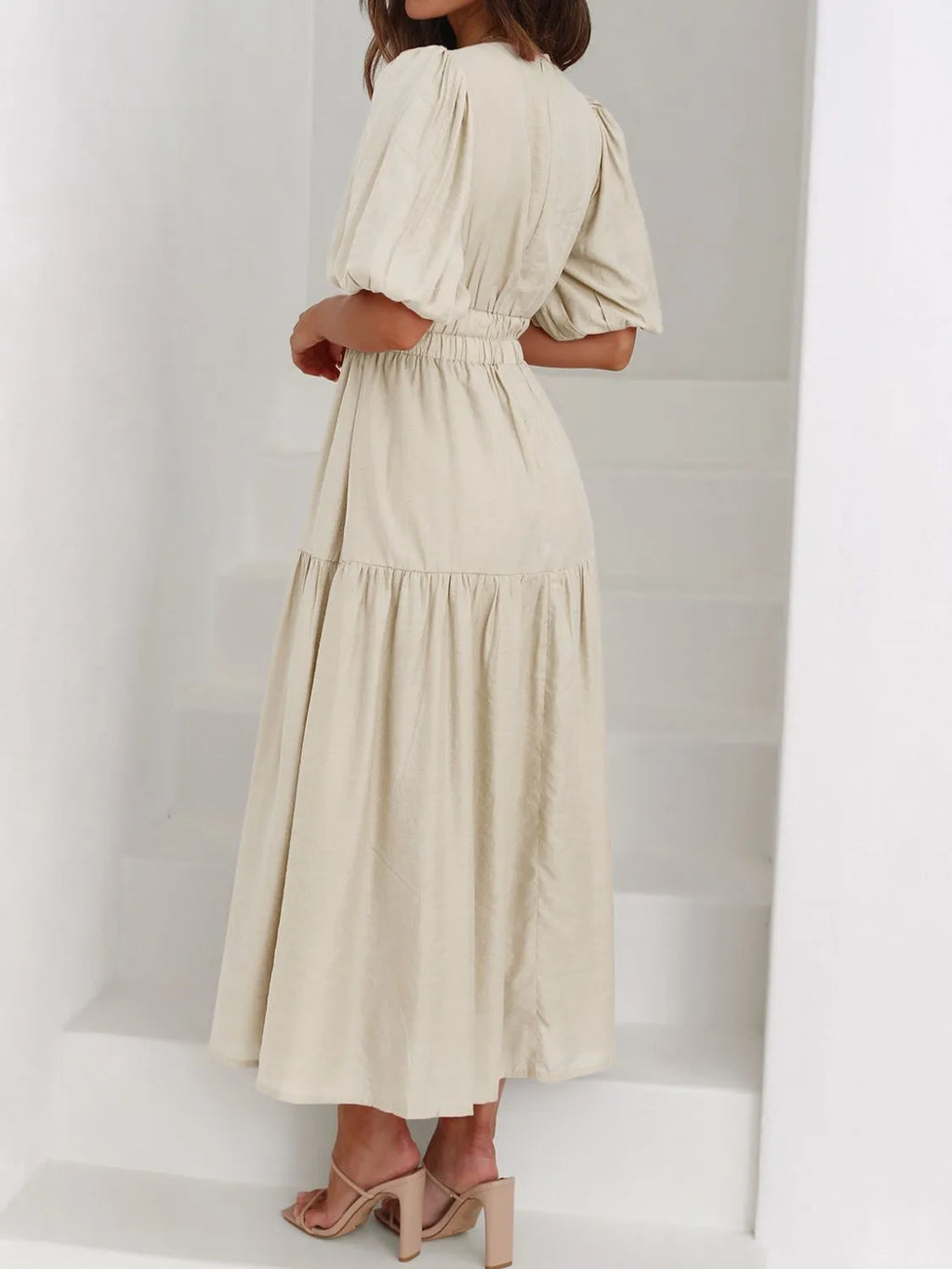 V-neck Puff Sleeve Midi Dress (13)