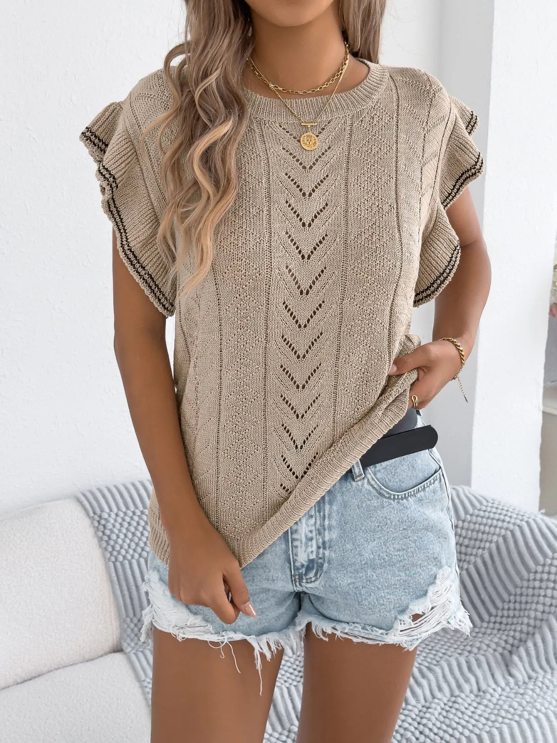 Openwork Round Neck Cap Sleeve Knit Top (12)