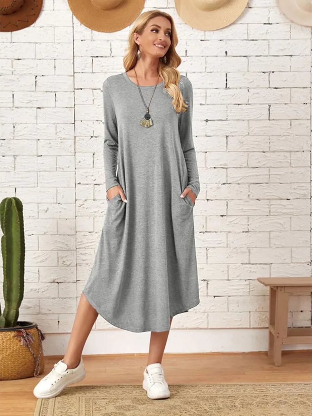 Pocketed Round Neck Long Sleeve Tee Dress (4)