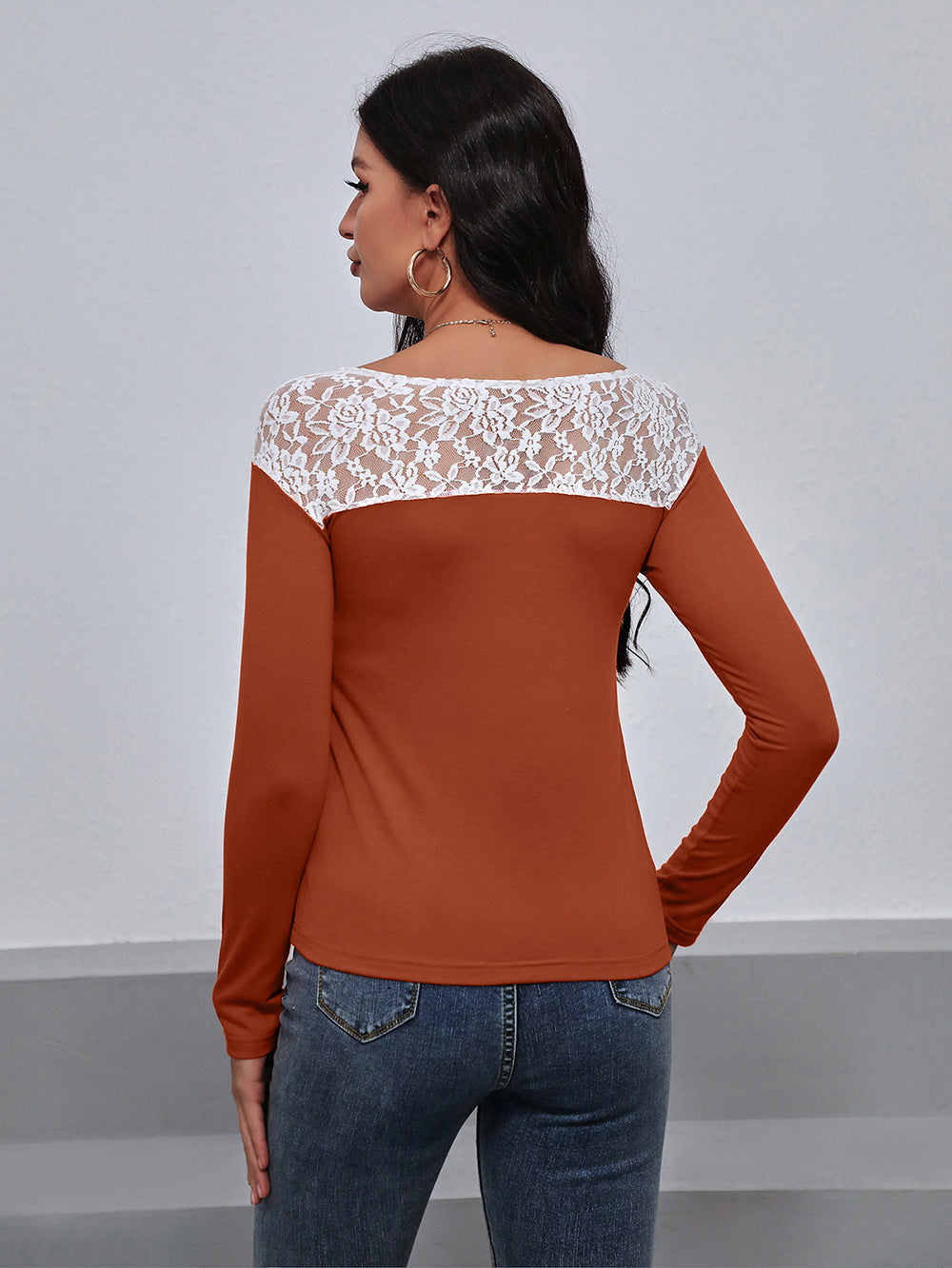 Lace Trim Long Sleeve Round Neck Tee (15)