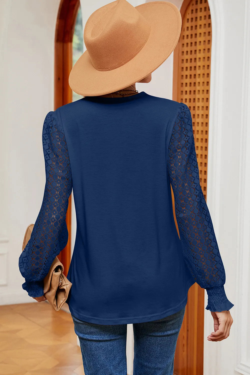 Openwork V-neck Long Sleeve T-shirt (6)
