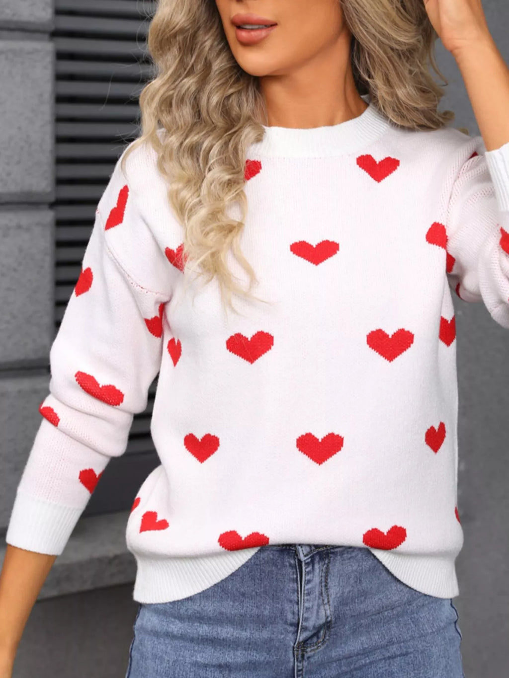Valentine's Day Heart Pattern Dropped Shoulder Sweater (4)