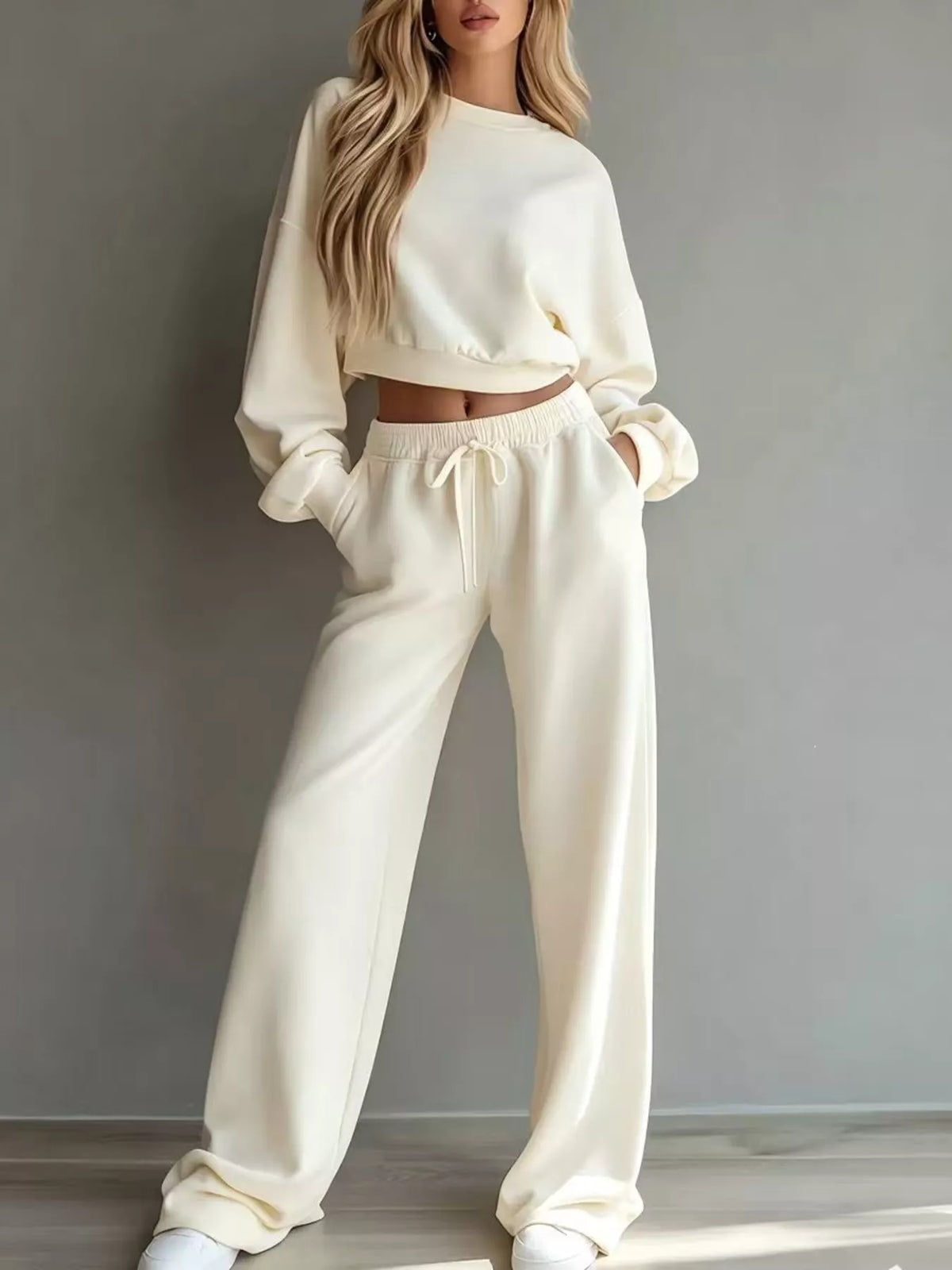 Round Neck Cropped Sweatshirt Wide-leg Pants Set (7)