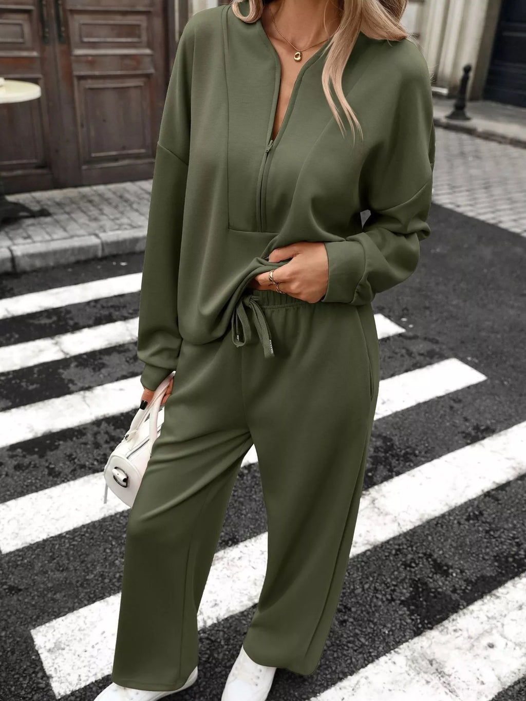 Half Zip Sweatshirt Wide-leg Pants Set (2)