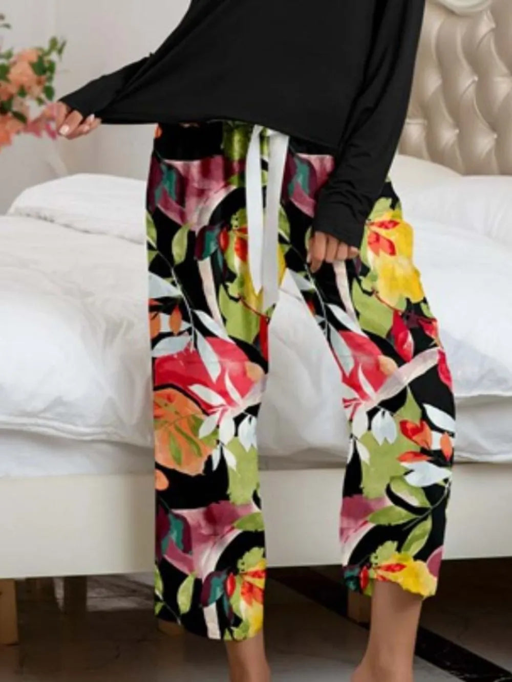Round Neck Top Printed Pants Lounge Set (15)