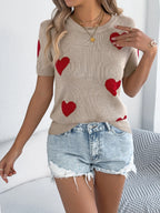 Heart Round Neck Short Sleeve Knit Top (15)