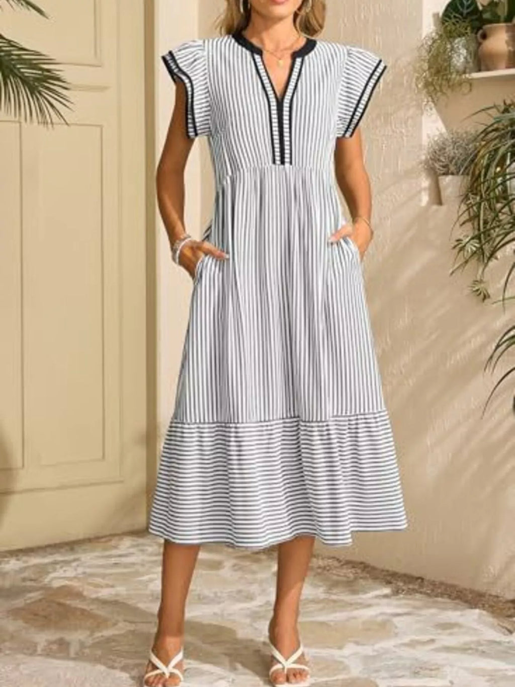 Striped Notched Ruffle Sleeve Dress (8)