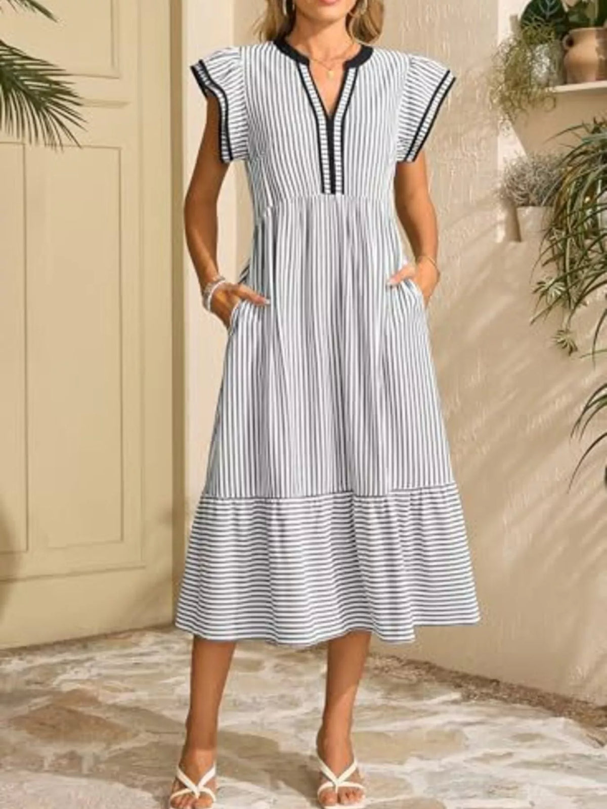Striped Notched Ruffle Sleeve Dress (8)