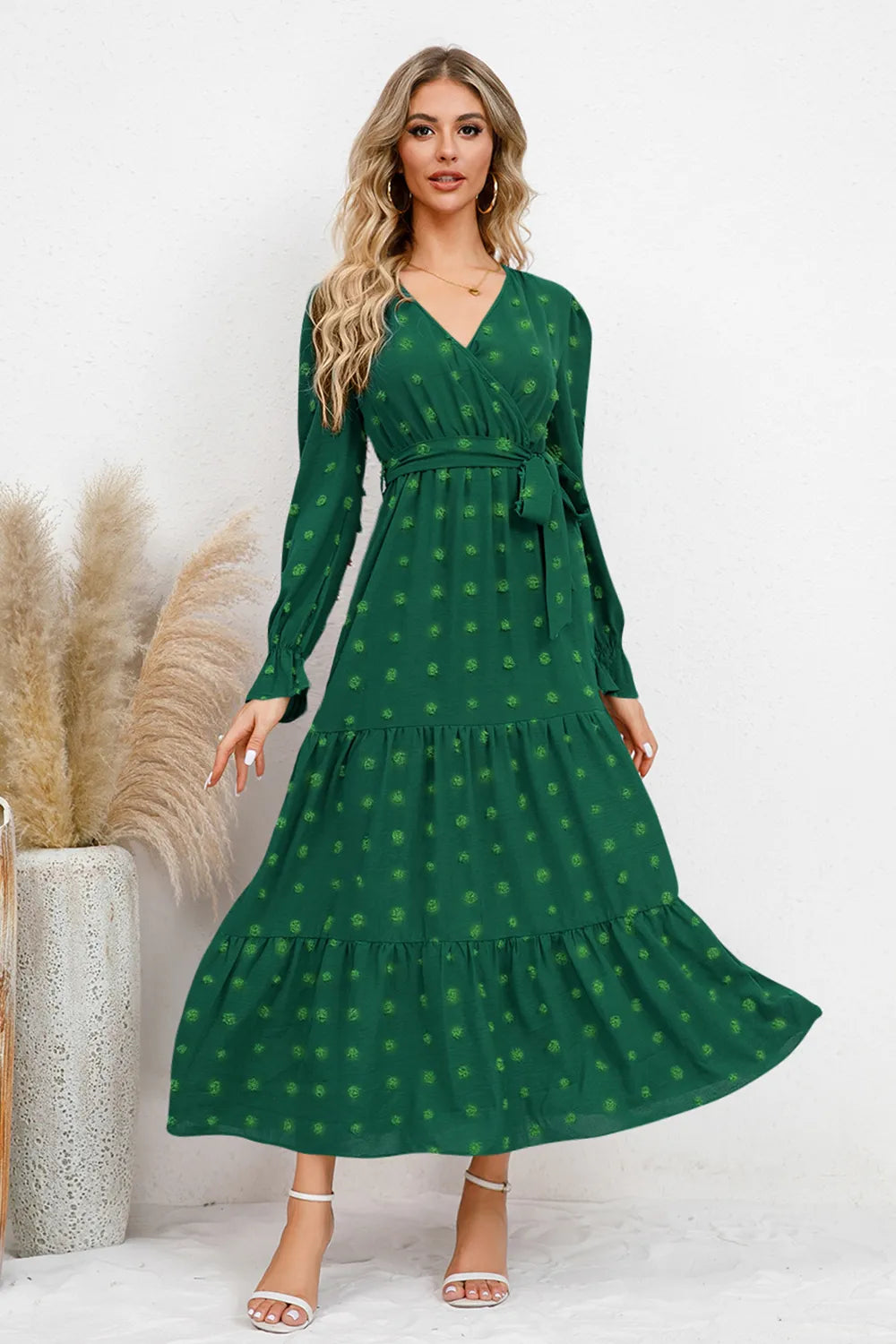 Swiss Dot Tied Surplice Flounce Sleeve Dress (3)