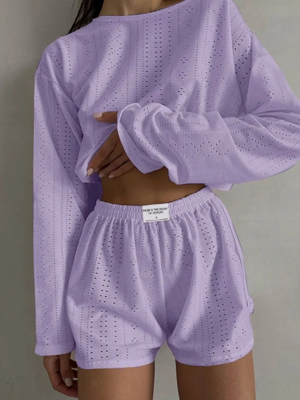 Eyelet Round Neck Top Shorts Set (10)