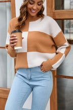 Block Round Neck Dropped Shoulder Sweater (2)