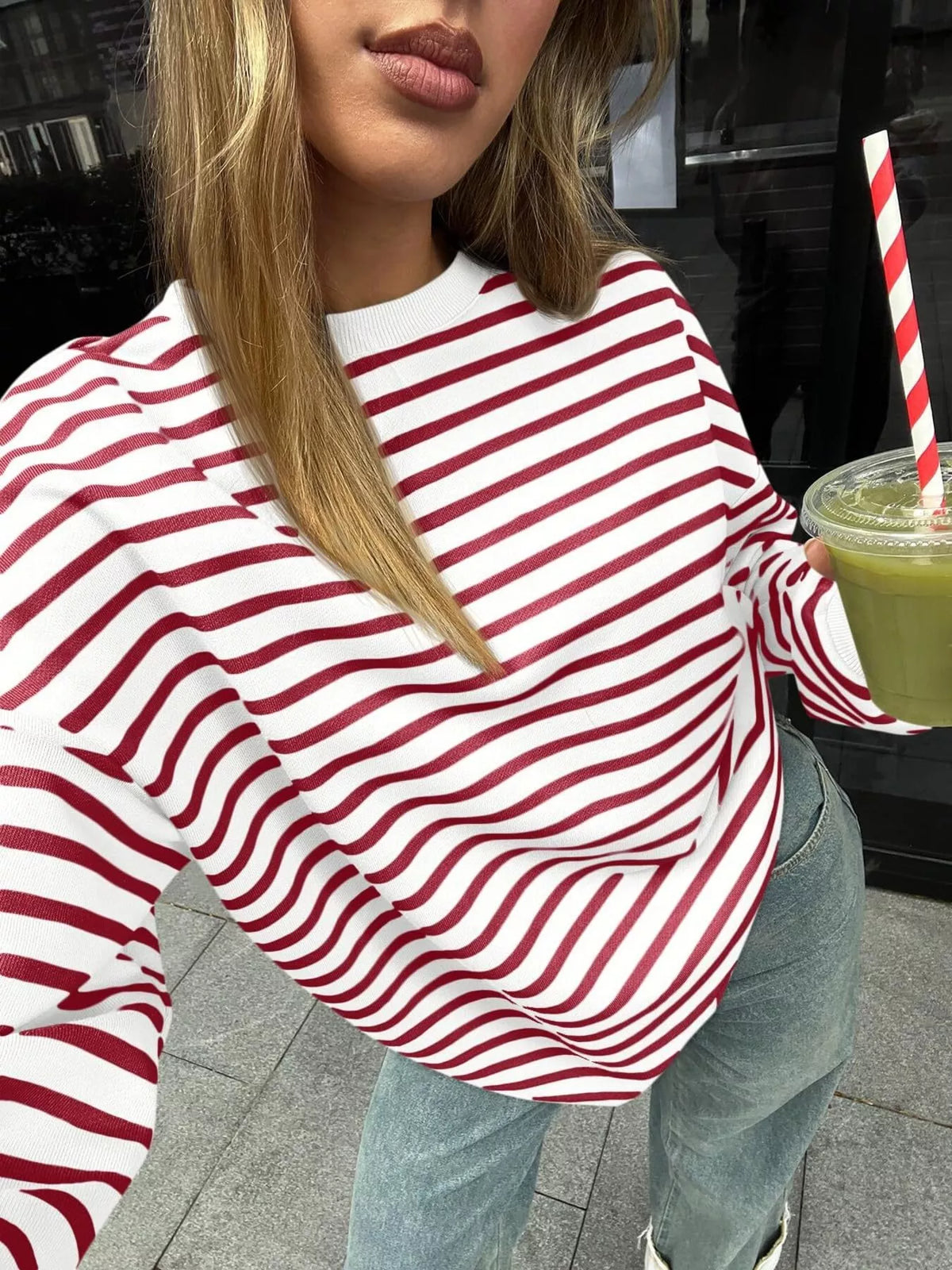 Striped Round Neck Oversized Casual Sweatshirt (14)