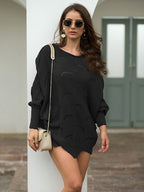 Full Size Boat Neck Lantern Sleeve Openwork Knit Top (14)