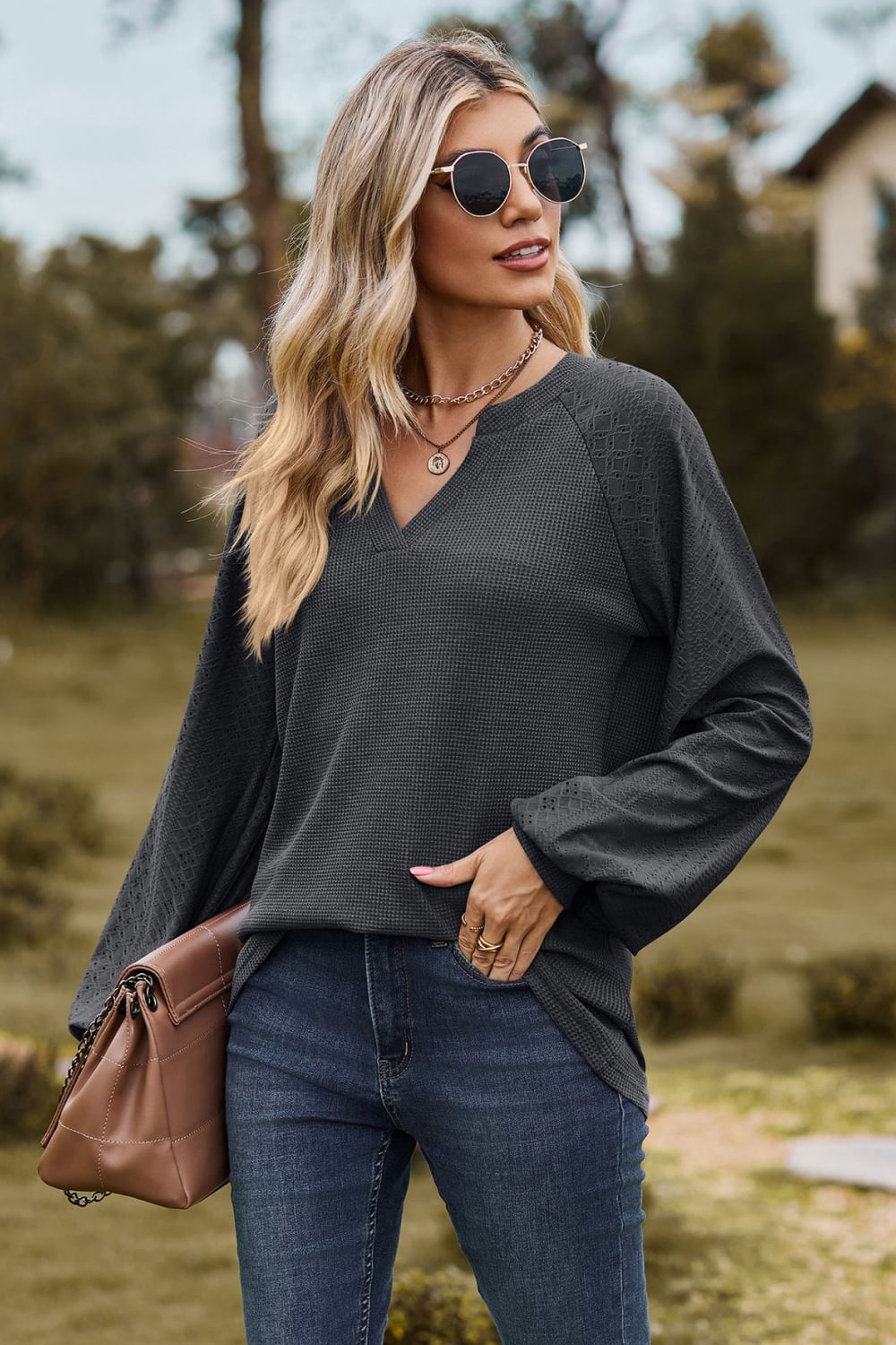 Notched Neck Raglan Sleeve Blouse (17)