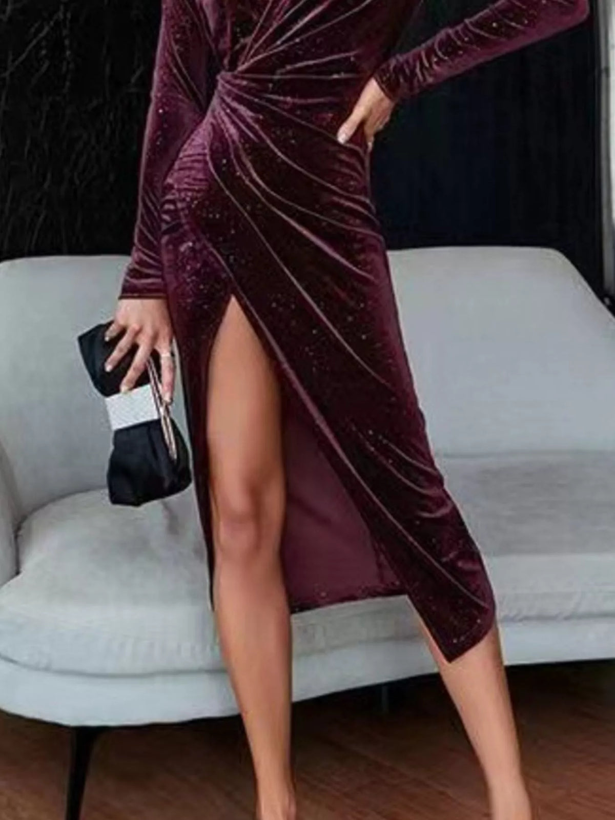 Velvet Ruched Slit Midi Dress (15)