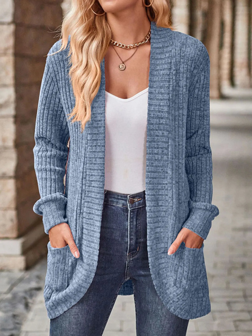 Ribbed Knit Open Front Cardigan Pockets