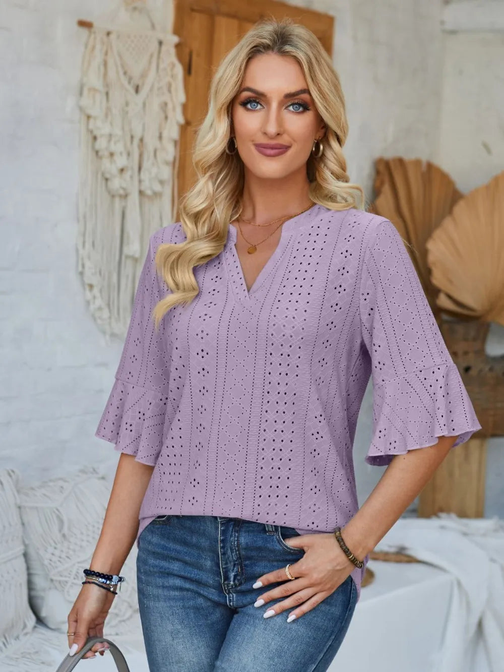 Eyelet Notched Half Sleeve T-shirt (20)