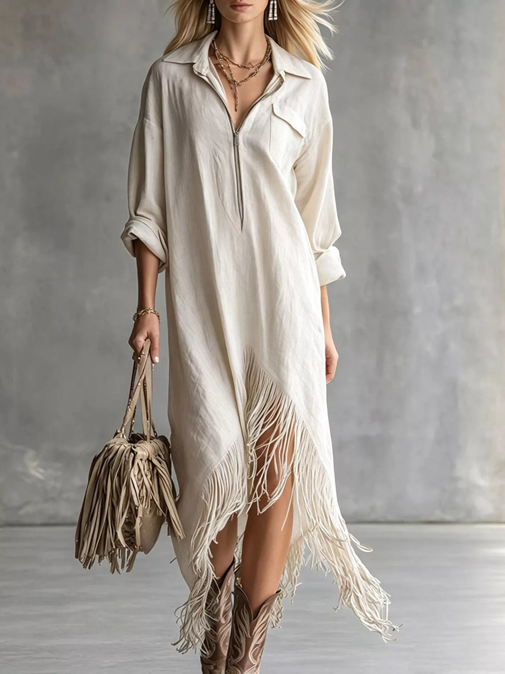 Fringe Hem Zip-up Shirt Dress
