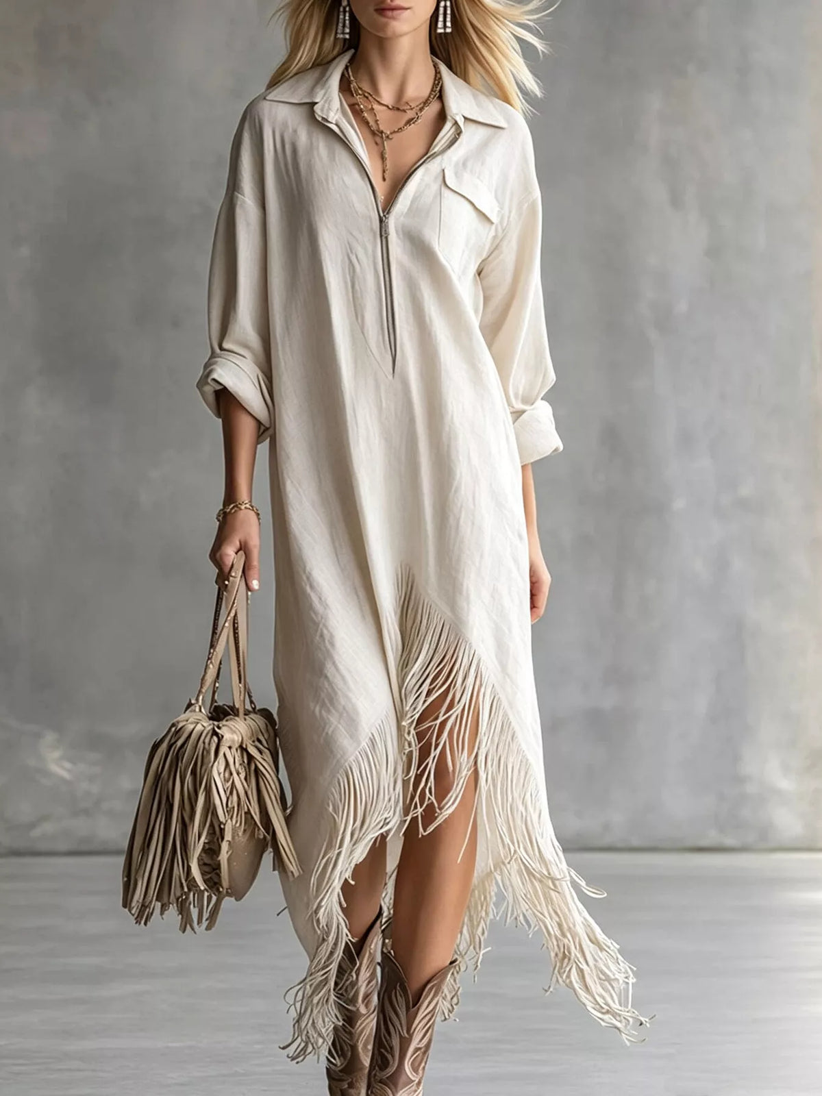 Fringe Hem Zip-up Shirt Dress