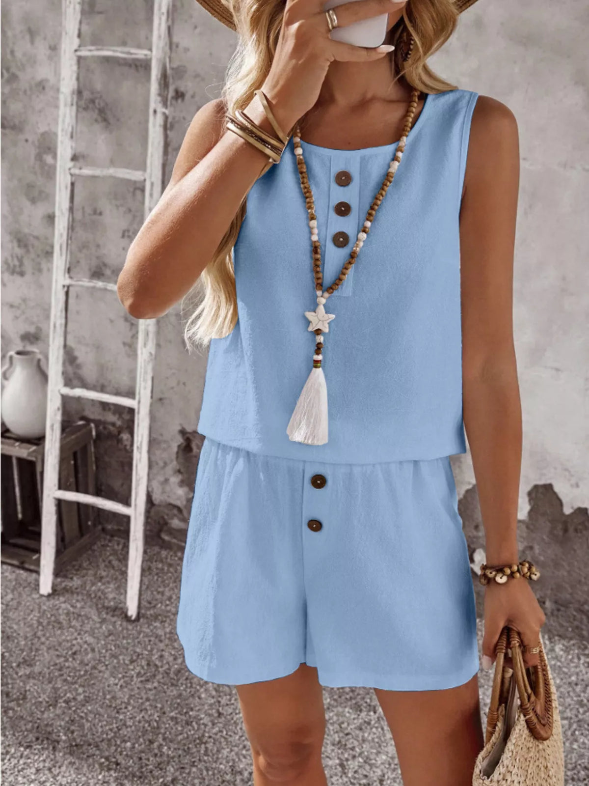 Decor Button Round Neck Tank Shorts Set (21)