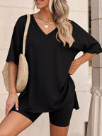 Full Size Casual Loose V-neck T-shirt Shorts Set Plus (7)