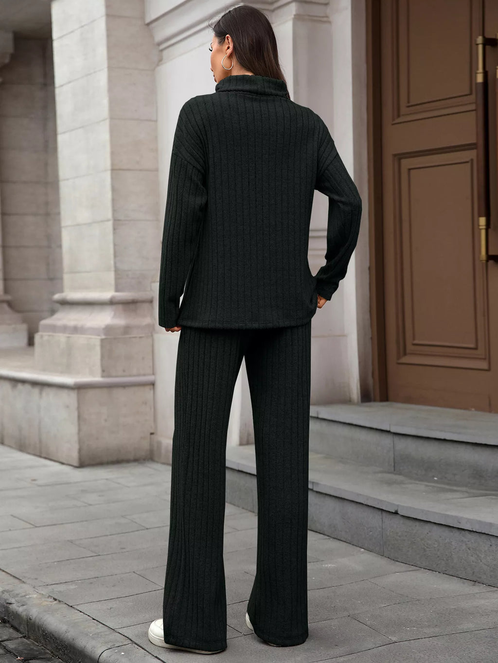 Ribbed Turtleneck Dropped Shoulder Top Pants Sweater Set (28)