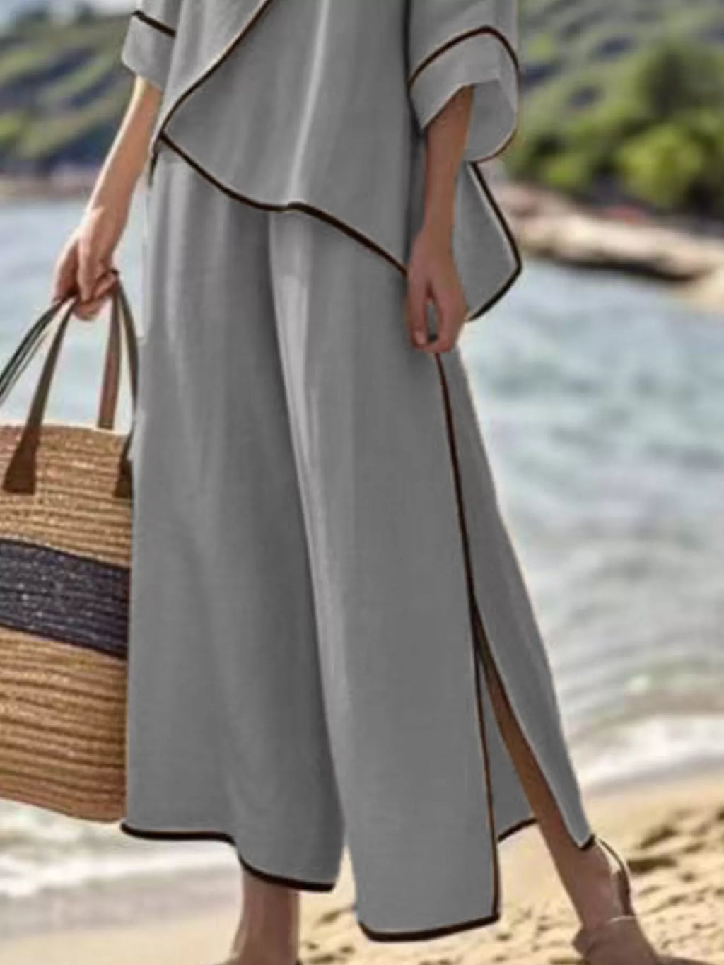Full Size Contrast Trim Top Wide Leg Pants Set Plus (6)