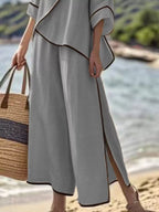 Full Size Contrast Trim Top Wide Leg Pants Set Plus (6)