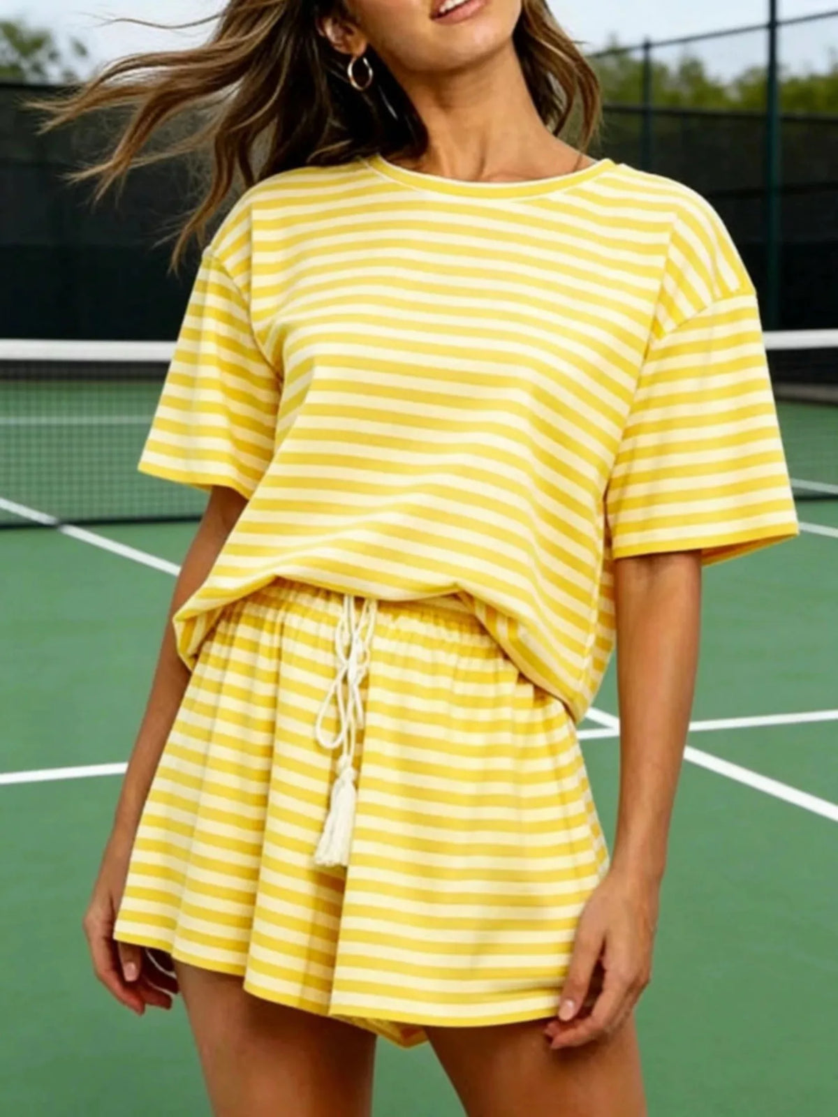 Striped Short Sleeve Tee Drawstring Shorts Set (3)