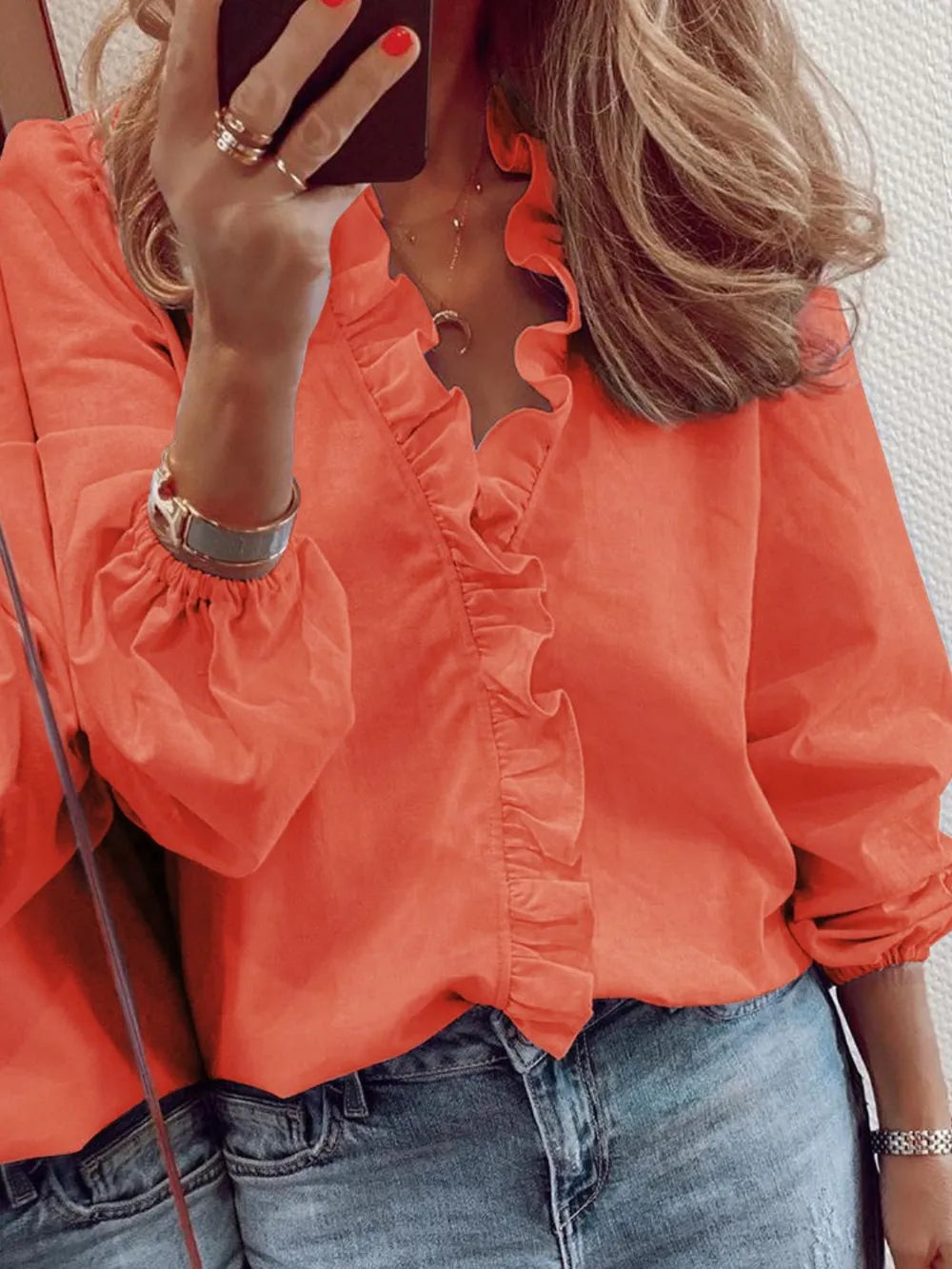 Ruffled V-neck Long Sleeve Blouse (8)