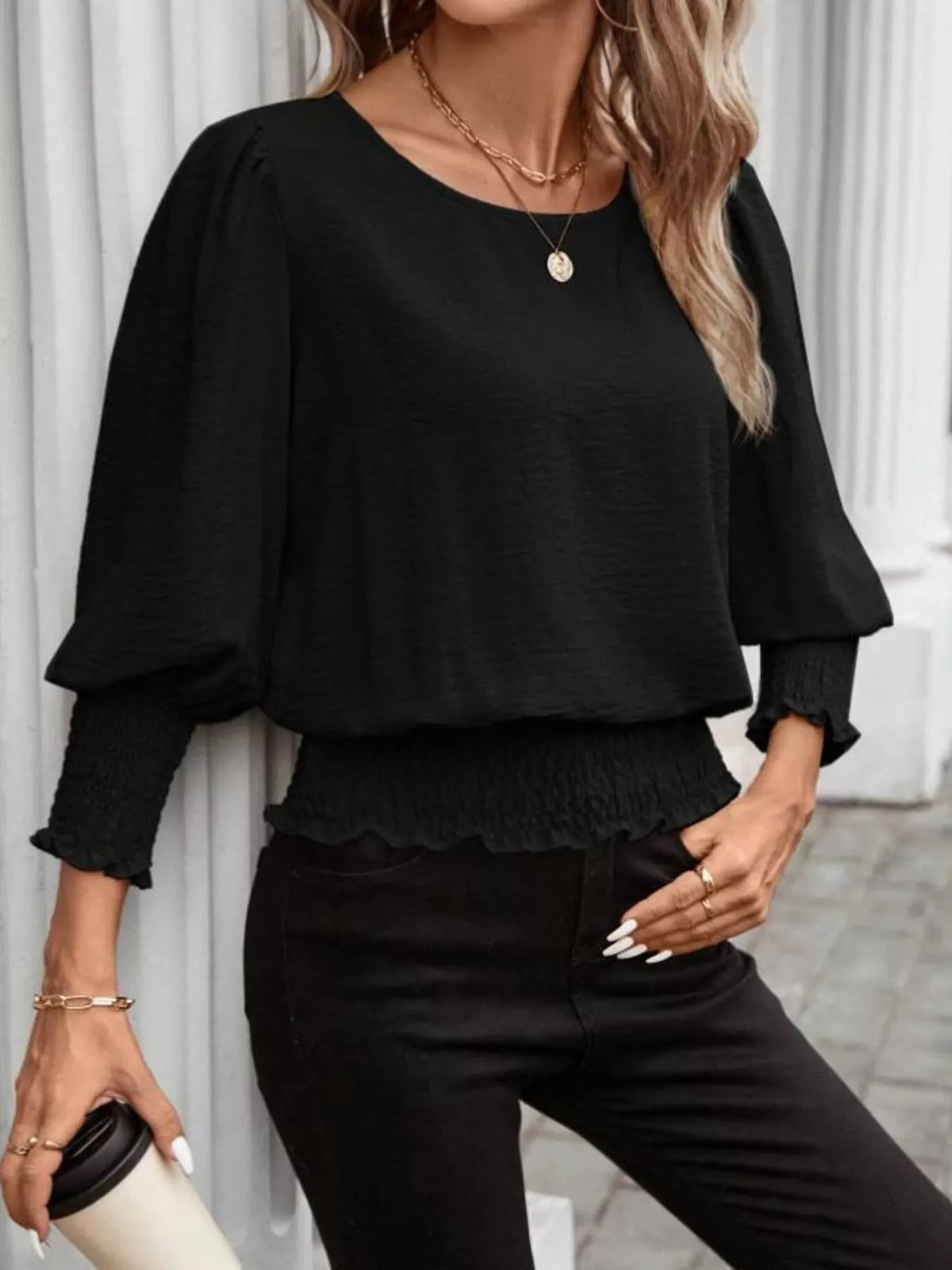 Smocked Waist Round Neck Blouse (18)