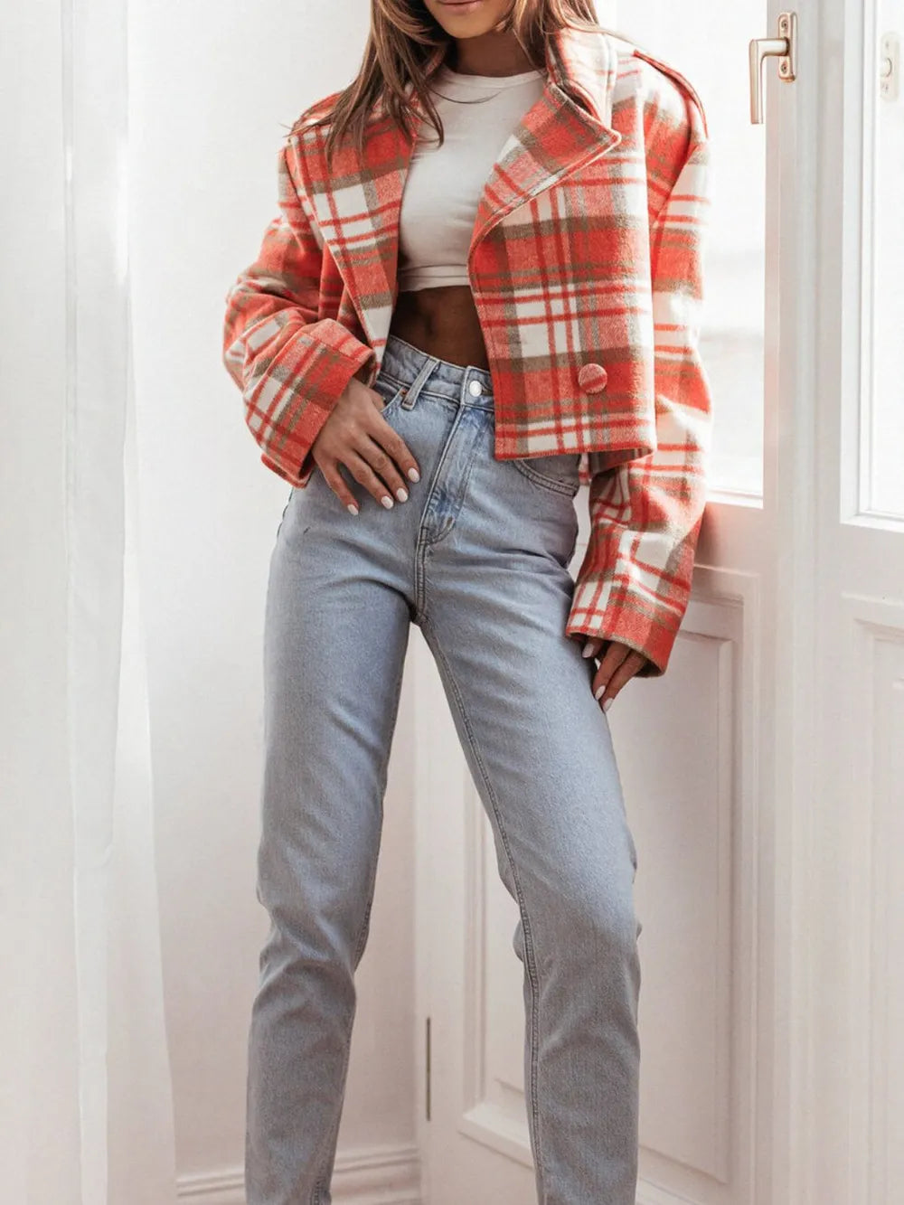 Lapel Collar Plaid Cropped Jacket (9)