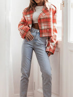 Lapel Collar Plaid Cropped Jacket (9)