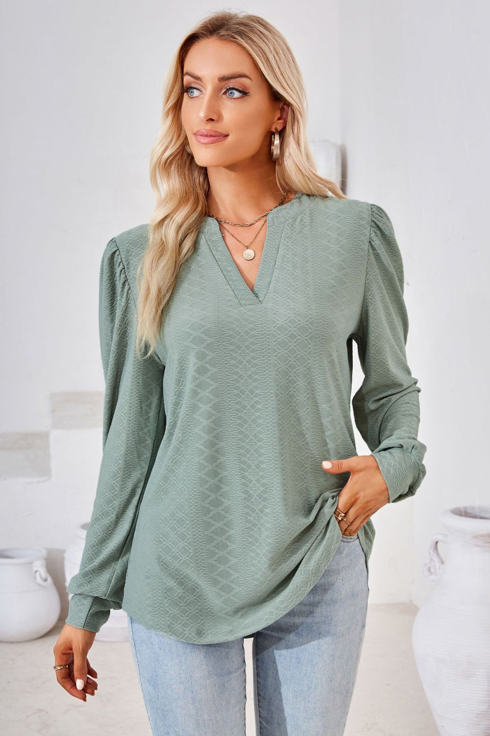 V-neck Puff Sleeve Blouse (18)