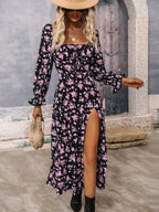Floral Print Square Neck Flounce Sleeve Dress Side Slit (15)