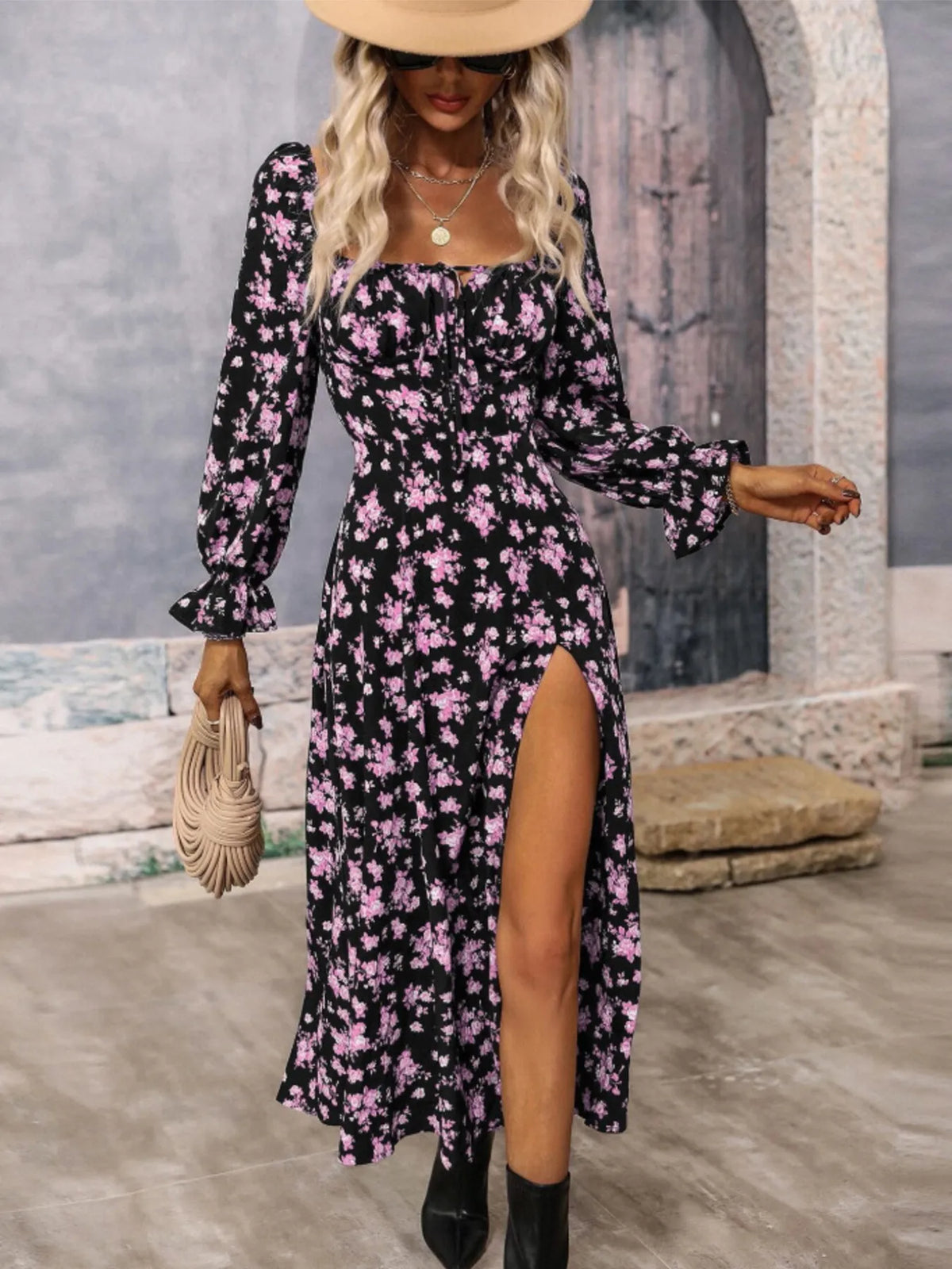 Floral Print Square Neck Flounce Sleeve Dress Side Slit (15)