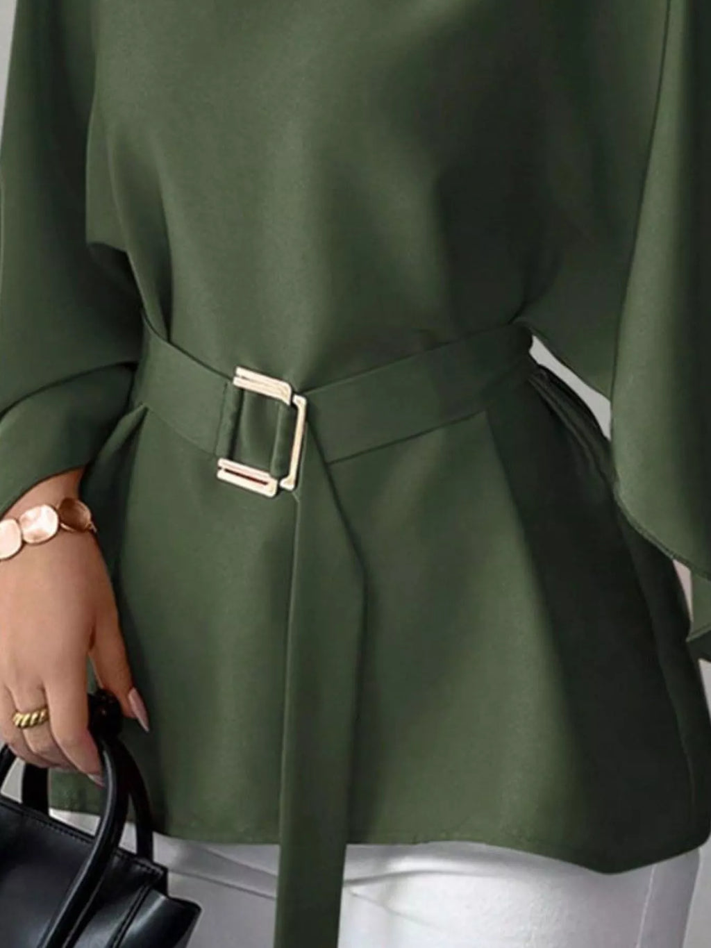 Round Neck Belt Batwing Sleeve Blouse (18)