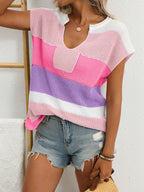 Striped Notched Short Sleeve Sweater (13)