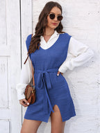 Tie Front V-neck Sleeveless Slit Sweater Dress (12)