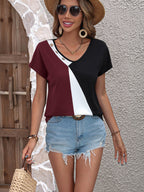 Block Decorative Button V-neck Tee (12)