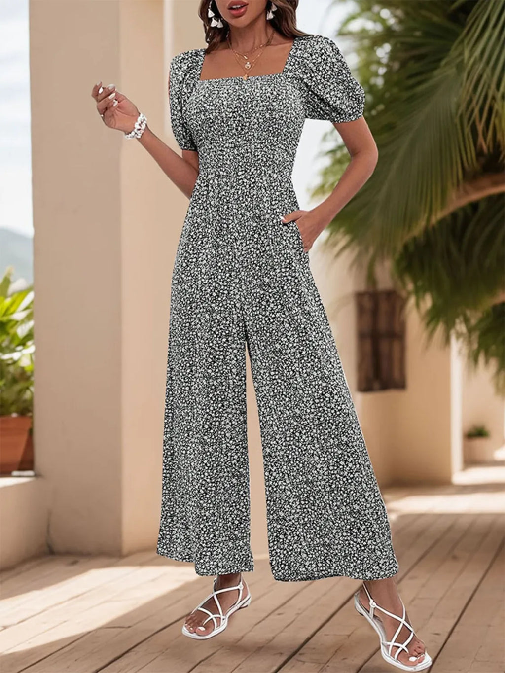 Printed Square Neck Puff Sleeve Jumpsuit (28)
