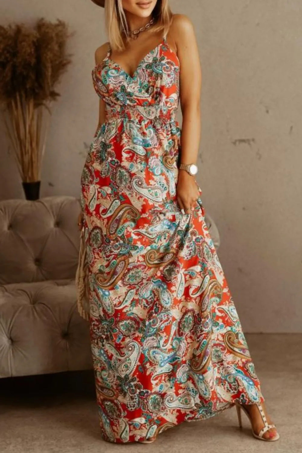Printed Spaghetti Strap Maxi Dress (22)