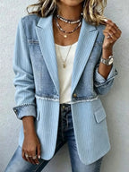 Full Size Patchwork Denim Ribbed Blazer Plus